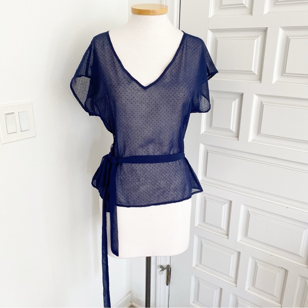 Tulle Navy Blue & Black Polka Dot Sheer Top Shirt w/Belt V-Neck Size Large